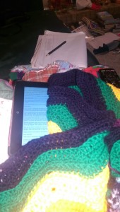 My "nest"... sewing, reading, and school prep... all under a blanket made by Ken. Bliss.